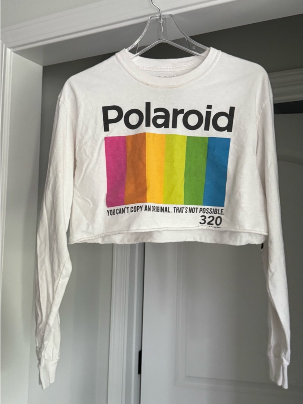 Y2K Polaroid White Cropped Long Sleeve Crop Cut Off Tee Multicolor Rainbow Bars